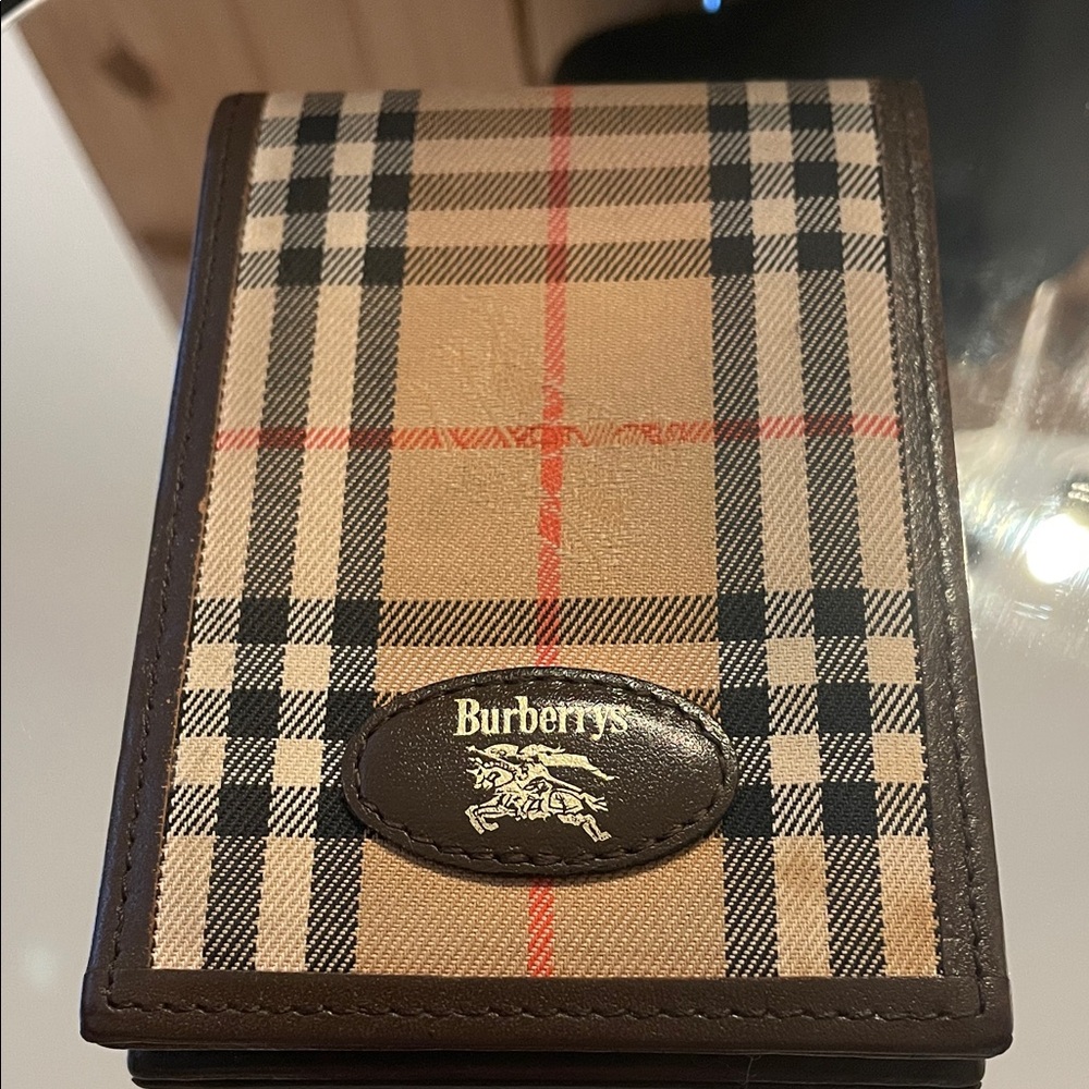 Burberrys Vintage Nova Check Brown and Beige Check Card Holder with Red Accent